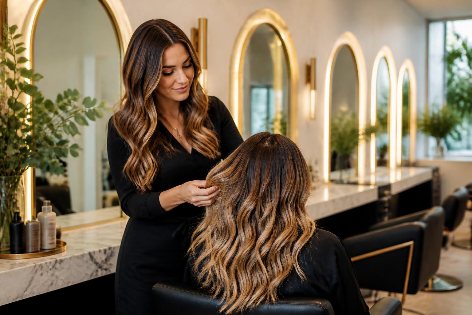 Elegant hair salon interior with stylist and client