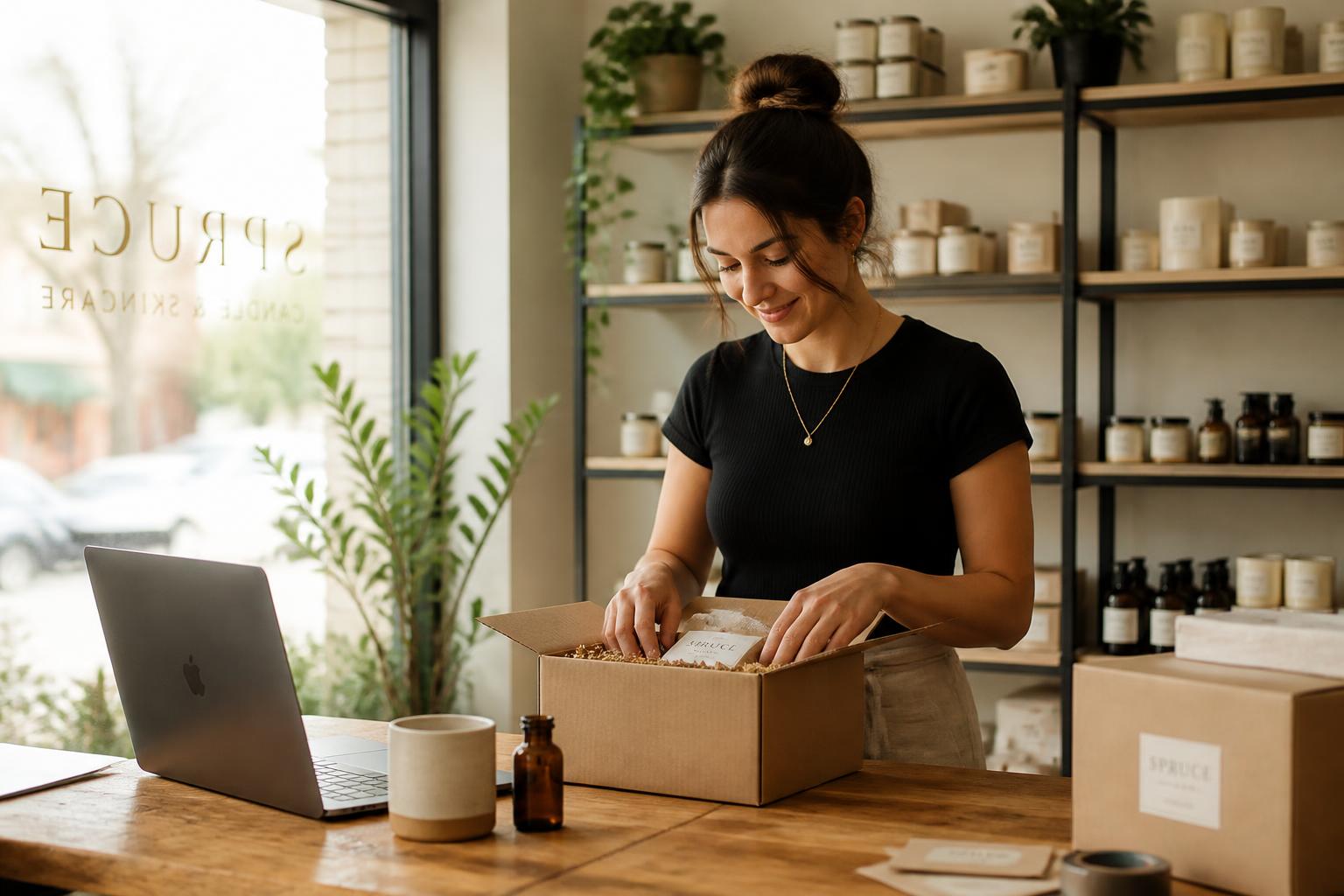 Small business owner packaging an online order